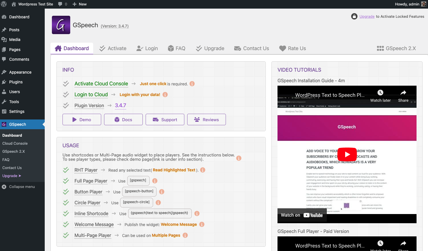 gspeech wordpress dashboard