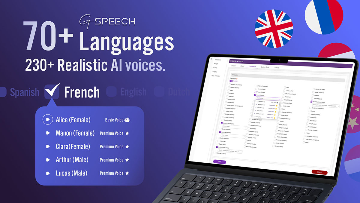 GSpeech: Translate your content across 70+ languages, using 230+ realistic AI voices.